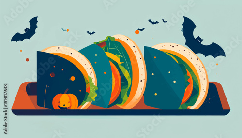 Halloween-themed sandwiches and bats in a minimalist flat design style