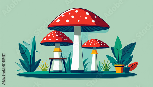 Whimsical scene with vibrant red and white spotted mushrooms and lush green foliage