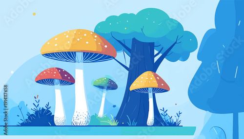 Whimsical, stylized woodland scene featuring oversized, colorful mushrooms and abstract trees under a clear sky