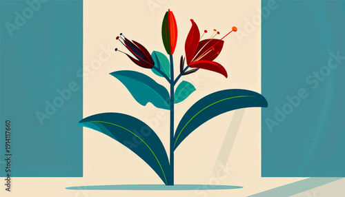 Stylized red lily with dark teal leaves against a muted background, framed by blue