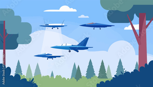 Multiple jets fly in formation over a stylized forest landscape under a blue sky with clouds