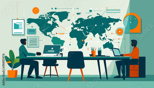 Two people work at desks in front of a world map graphic with connections