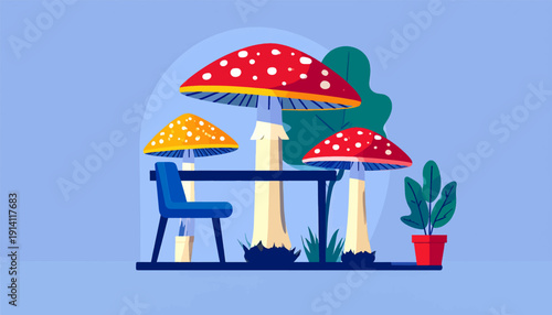 Whimsical woodland scene featuring oversized, stylized mushrooms and a vibrant blue chair