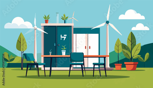 Outdoor workspace with wind turbines and greenery