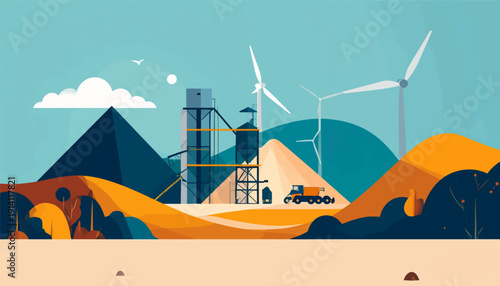 Industrial landscape with wind turbines, a processing plant, and a truck