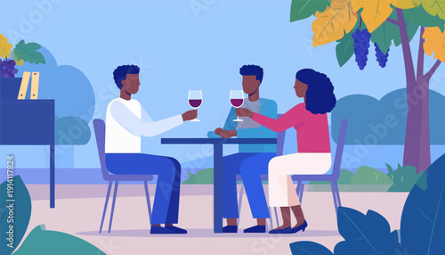 People enjoying drinks at an outdoor table under a tree with grapes