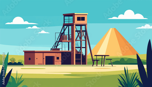 Stylized illustration of a mine headframe and pyramid under a blue sky