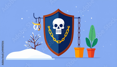 Wintery scene with a shield featuring a skull and chains, potted plants, and a bare tree