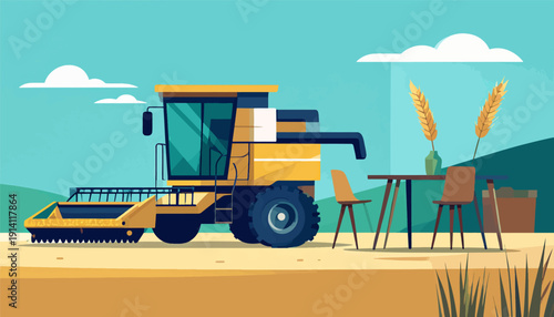 Yellow combine harvester in a field with a table and chairs under a blue sky