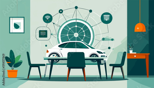 Interior scene depicts a white car, networked technology, and furniture