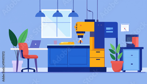 Interior scene of a modern workspace with machinery and office furniture