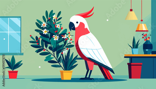 Stylized illustration of a pink cockatoo amidst potted plants and home decor