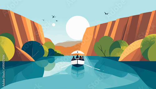 People row a boat through a canyon with cliffs, trees, and birds under a bright sun
