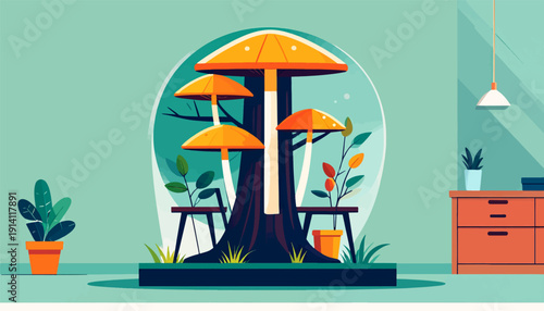 Stylized illustration of a terrarium with large orange mushrooms and plants indoors