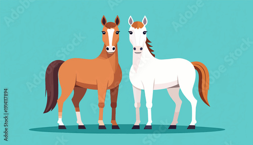Two stylized horses, one brown and one white, stand side-by-side against a teal background