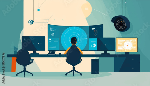 Person at computer station with surveillance equipment and data displays