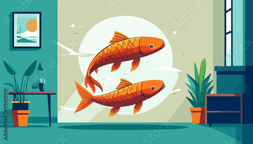Two stylized orange fish swim against a soft circular backdrop in a room