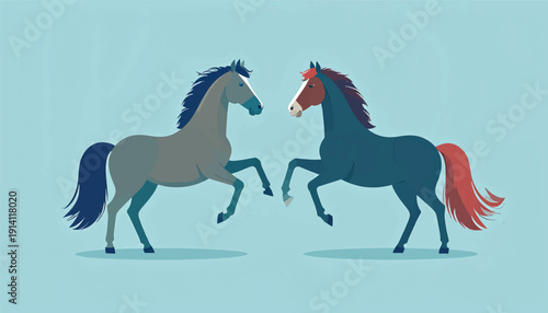 Two stylized horses with flowing manes and tails stand opposite each other