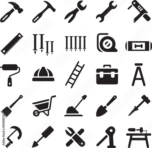 collection of construction tools and equipment for building and repair