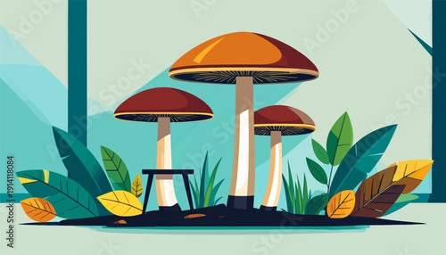 Stylized woodland scene with three mushrooms and lush green foliage