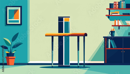 Stylized indoor scene with a desk, bookshelf, plant, and wall art in geometric shapes