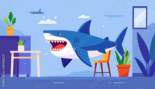 Surreal room scene with a large shark hovering over a chair and plants