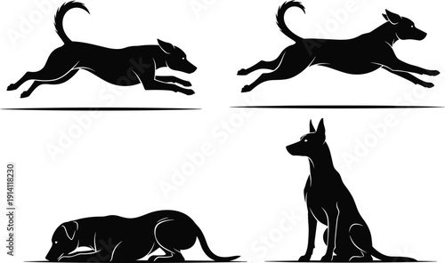 WebA professional collection of black dog silhouettes featuring various poses like running jumping sitting and lying down for pet training animal rescue and logos.