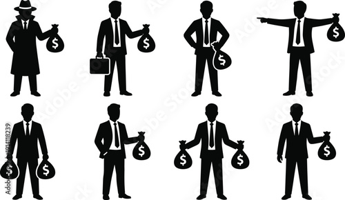 WebA professional collection of businessman silhouettes holding money bags with dollar signs representing wealth, investment, financial crime, corruption and banking icons for design.