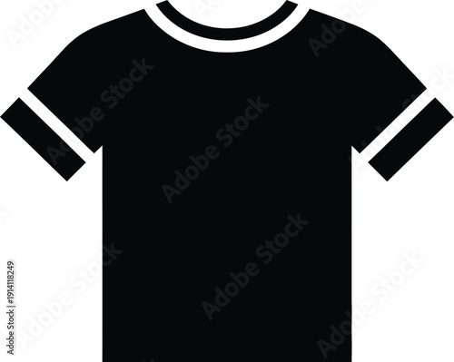 A minimalist black icon representing a short-sleeved t-shirt with a crew neck design.