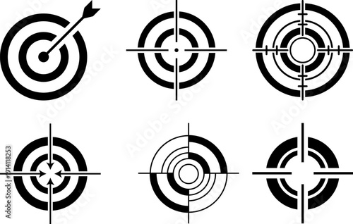 Black and white target icons set with arrows aiming bullseye vector illustration