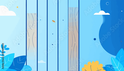 Vibrant blue background with vertical wood planks, clouds, and abstract plant elements