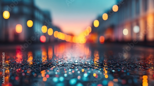 A vibrant urban night scene with blurred street lights reflecting on a wet pavement, creating a colorful bokeh effect.