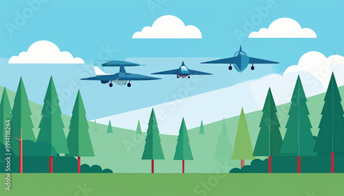 Three cartoon fighter jets fly over a green forest and hills under a blue sky