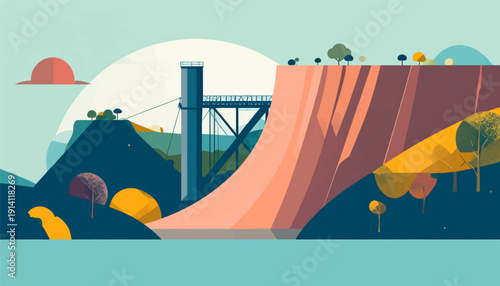 Stylized industrial landscape with a bridge, rocky formations, and abstract trees under a soft sky