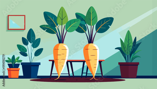 Vibrant illustration of oversized carrots and potted plants in a minimalist room setting