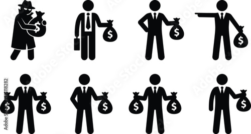 WebA set of minimalist businessman and thief silhouettes holding dollar money bags representing corruption, financial success, banking wealth, corporate greed and criminal profit icons.