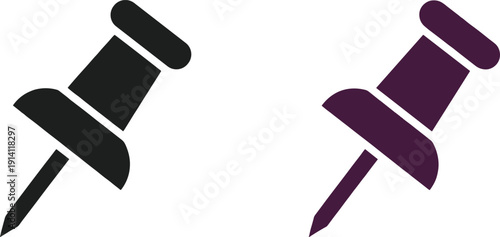 WebA set of two push pin icons featuring a solid black silhouette and a dark purple gradient thumbtack for office organization and stationery design.