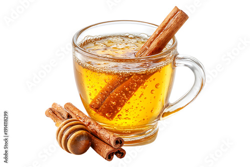 Warm Glass of Honey and Cinnamon Drink with a Wooden Dipper and Cinnamon Sticks, isolated on a transparent background.