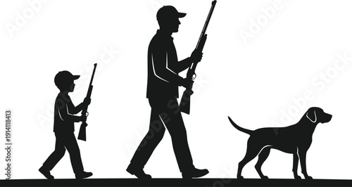 WebBlack silhouette of a father and son walking with shotguns and a hunting dog on a field during a seasonal outdoor bird hunting trip.