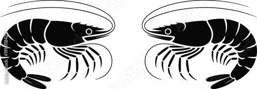 WebBlack shrimp silhouettes isolated on white background, seafood crustacean vector illustration set for restaurant logo, marine branding, fishing industry design and ocean food graphics