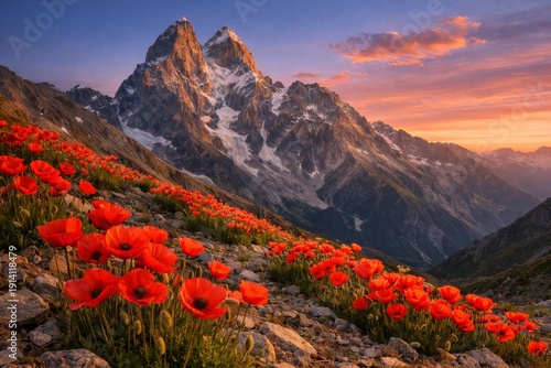 View of natural rows of vibrant red wild alpine poppies growing along a gently sloping hillside of mixed soil and scattered rocks with high snow patches mountain in the evening sunset light.