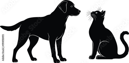 WebBlack Silhouette of Labrador Retriever Dog and Domestic Cat Sitting and Looking at Each Other Isolated on White Background for Pet Veterinary Care Design