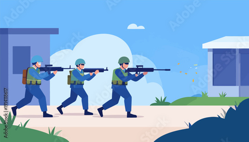 Three soldiers in blue uniforms and helmets advance, aiming rifles towards the right