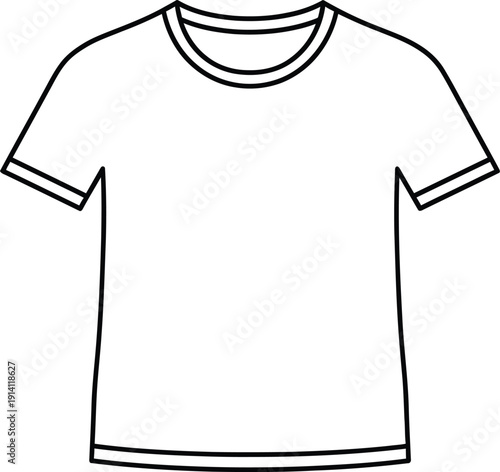 A minimalist line art illustration of a short-sleeved t-shirt with a crew neck design.