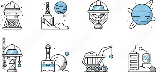 Space Mining and Planet Exploration Icon Set with Lunar Base, Astronomical Observatory, Rocket Industry and Cosmic Resource Extraction Vector Illustration