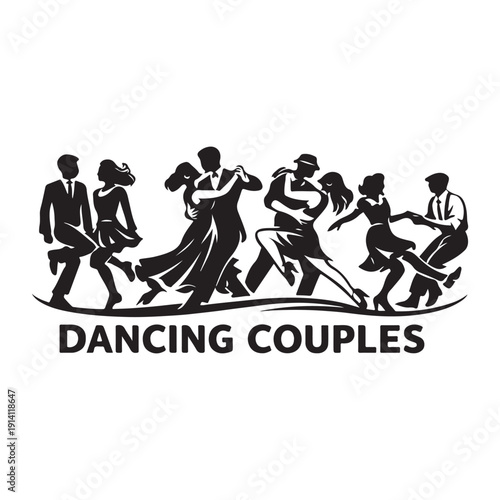 Row of Couples Dancing Ballroom and Swing Styles Silhouette.