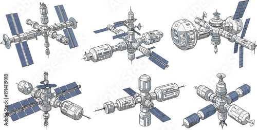 Space Station Orbital Technology Set with Modular Satellites, International Space Laboratory, Aerospace Engineering and Cosmic Research Vector Illustration