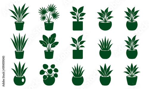 Collection of potted houseplants in various shapes and sizes shown in silhouette