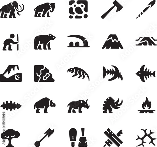 prehistoric animals and objects on white background