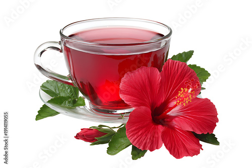 Vibrant Red Hibiscus Tea in a Clear Glass Cup with Fresh Hibiscus Flower and Leaves, isolated on a transparent background.